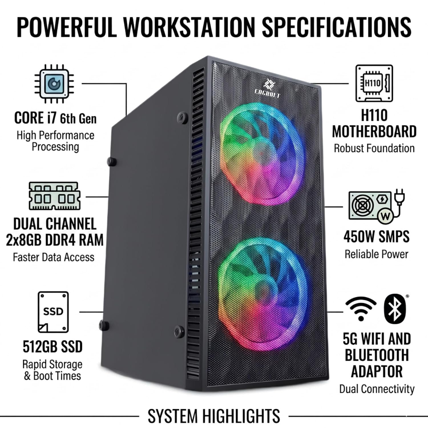 CAGBOLT High Performance Core i7 6th Gen Quad Core Desktop PC | Core i7 6700 Upto 4.00GHz | 16GB DDR4 RAM | 512GB SSD | 5G WiFi & Bluetooth | Windows 11 Pro | MS Office 2024 | 2 Years Warranty